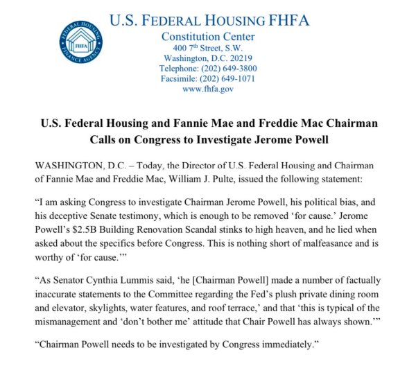 大通速配 FHFA局长要求国会调查美联储主席 特朗普敦促鲍威尔立即辞职